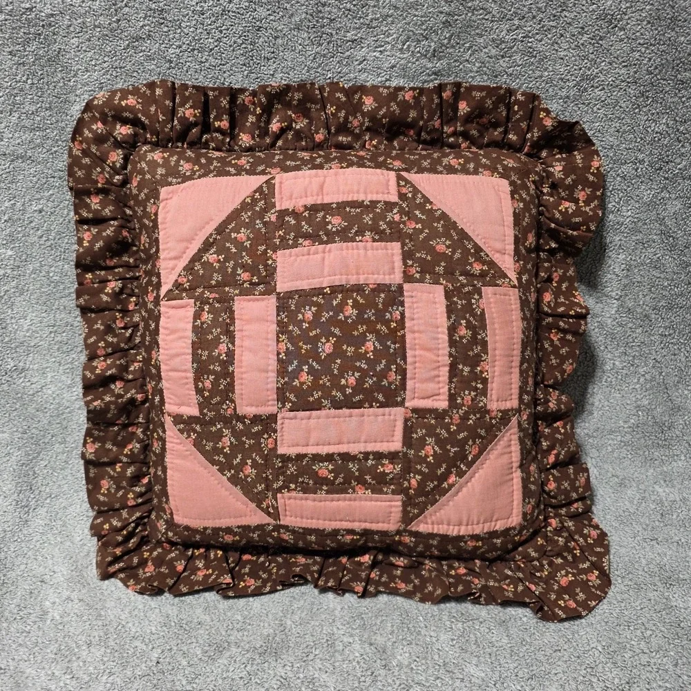 Vintage Hand Quilted Pillow Brown Pink Floral Cottagecore Granny Farmhouse